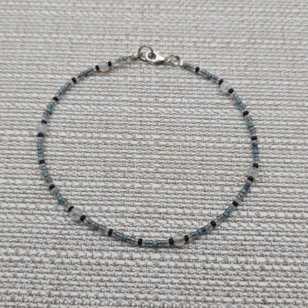 9.5 Inch Sterling Silver Handmade Beaded Moonstone Ankle Bracelet B612